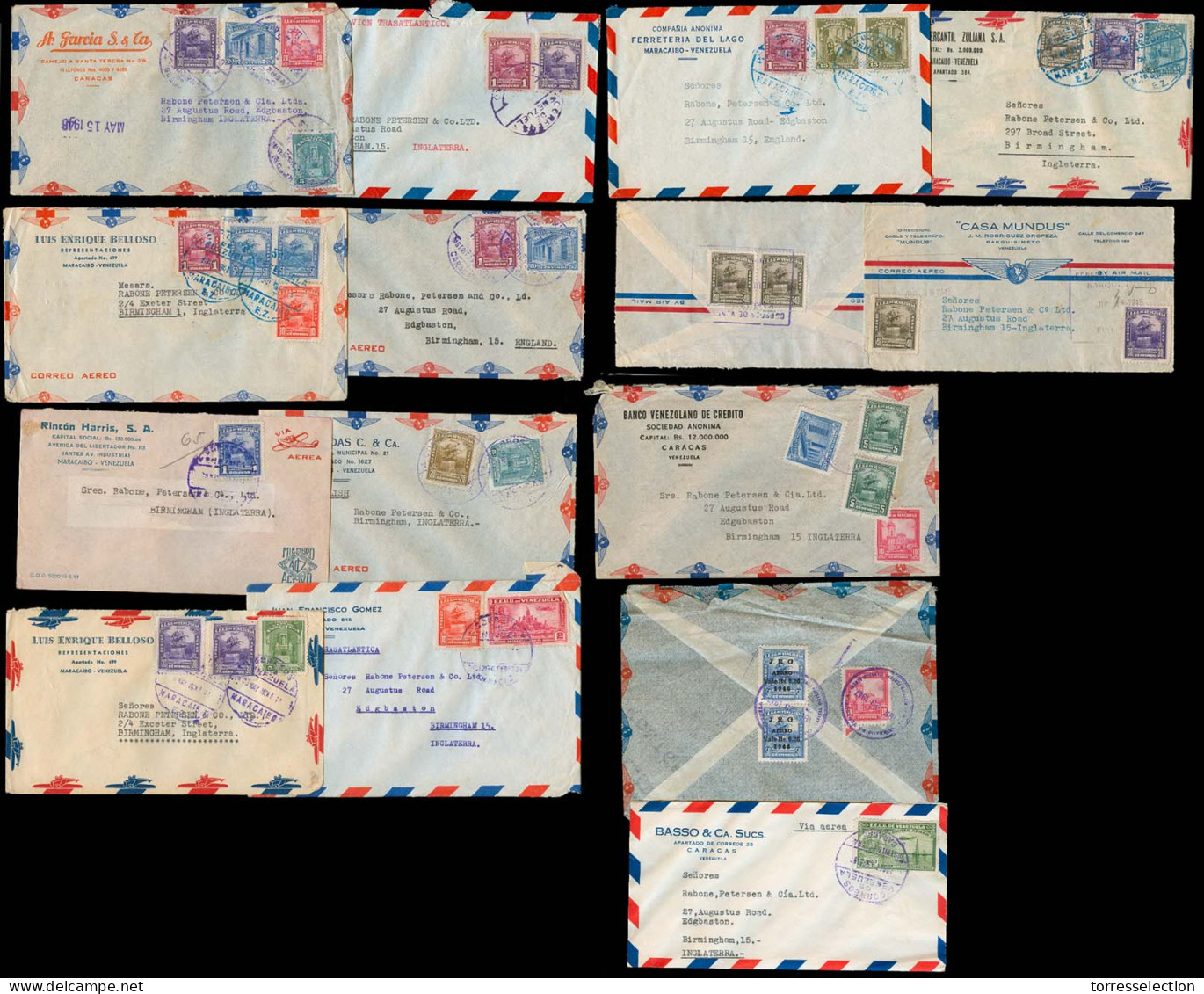 VENEZUELA. 1945-6. Maracaibo / Caracas - UK / Birmingham. Air Multifkd X14 Envs. Correspondence Rabone Several Useful. F - Venezuela