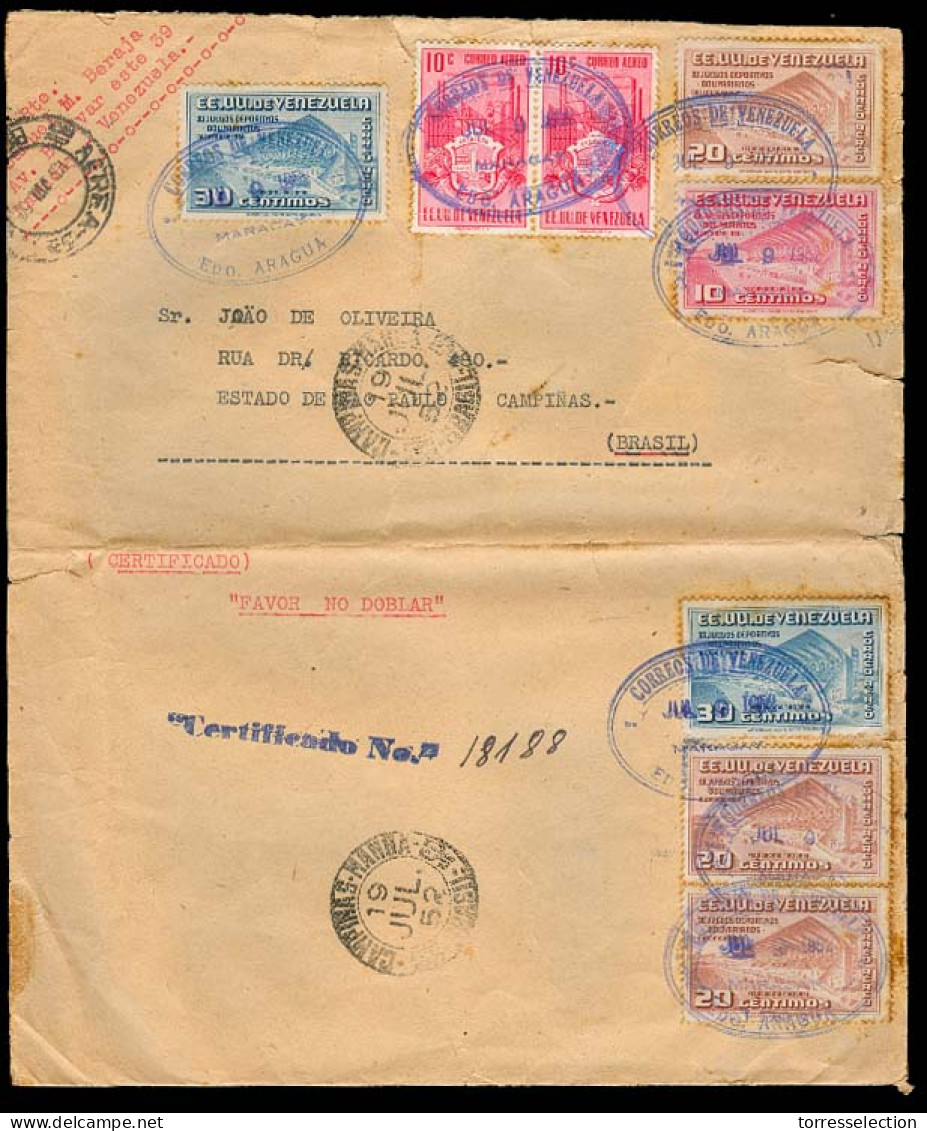 VENEZUELA. 1952. Maracay / Estado Aragua - Brazil. Reg Air Multifkd Env / Special Oval Lilac Cachet. - Venezuela