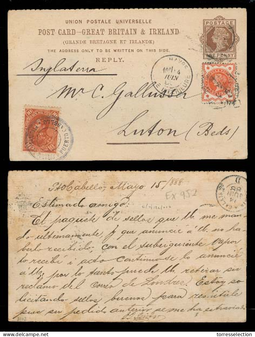 VENEZUELA. 1888 (5 May). Pto Cabello - UK. GB Stat Reply Half Used Form With Adtl GB + Venezuela 10c Brown / Violet Town - Venezuela