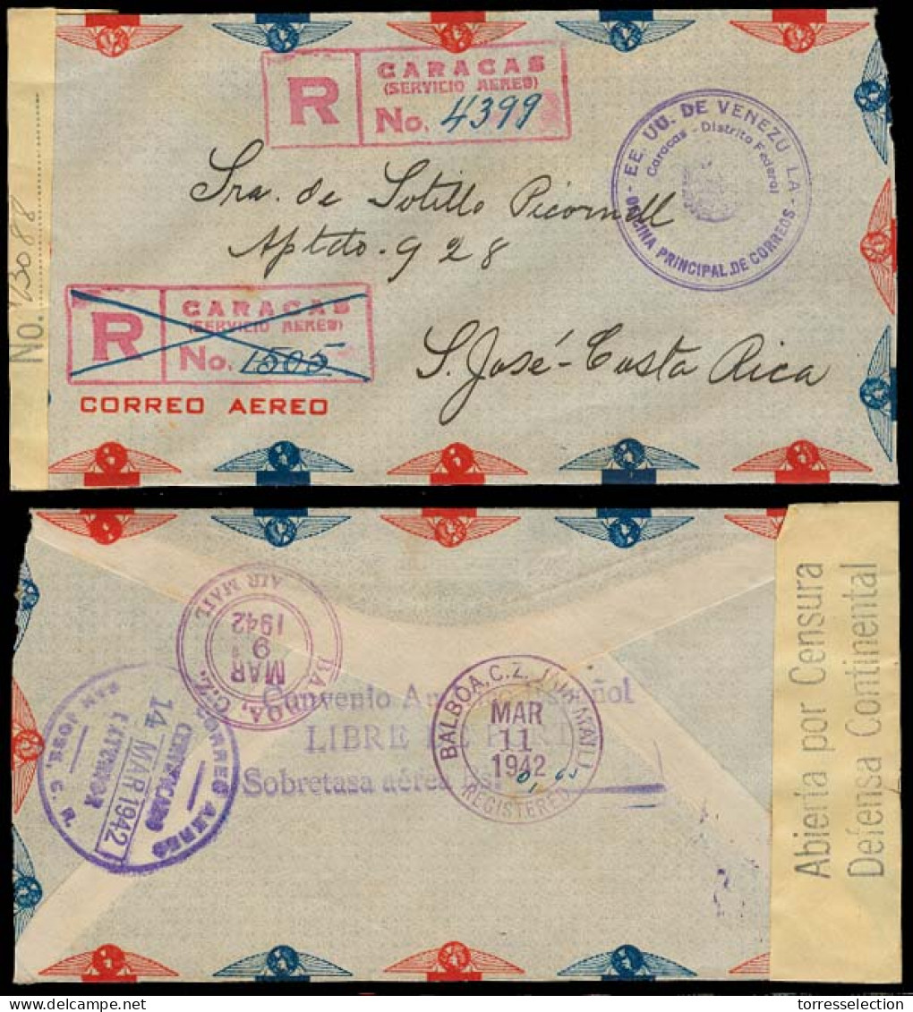 VENEZUELA. 1942 (March). Caracas - Costa Rica. Official Registered Censored Airmail Stampless Env. Via Canal Zone. Modif - Venezuela