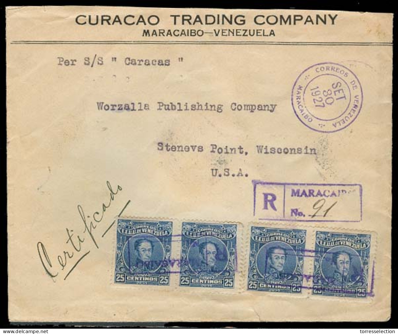 VENEZUELA. 1927. Maracaibo - USA. Registered Multifkd Env Stamps Cancelled Registration Cachet. VF + Unusual. - Venezuela