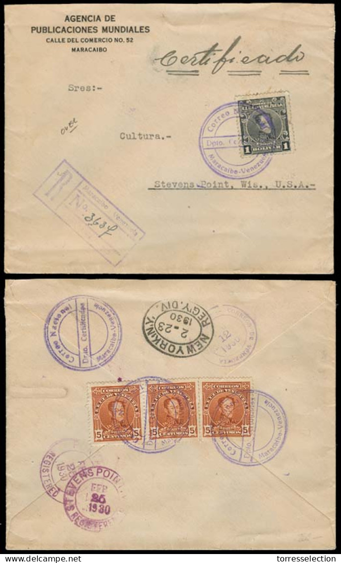 VENEZUELA. 1930. Maracaibo - USA. Registered Multifkd Env. Incl 1 Bolivar Black + 25c (x3) On Reverse. Lovely Item. - Venezuela