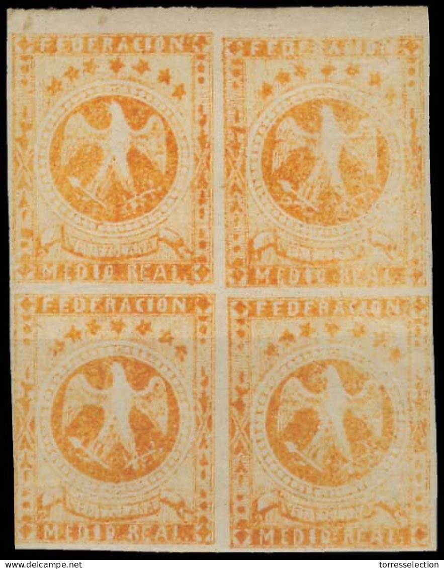 VENEZUELA. 1863 - 5. 1/2r Orange Block Of Four Mint With Gum, Margin Border At Top (Yv 10* X4). - Venezuela