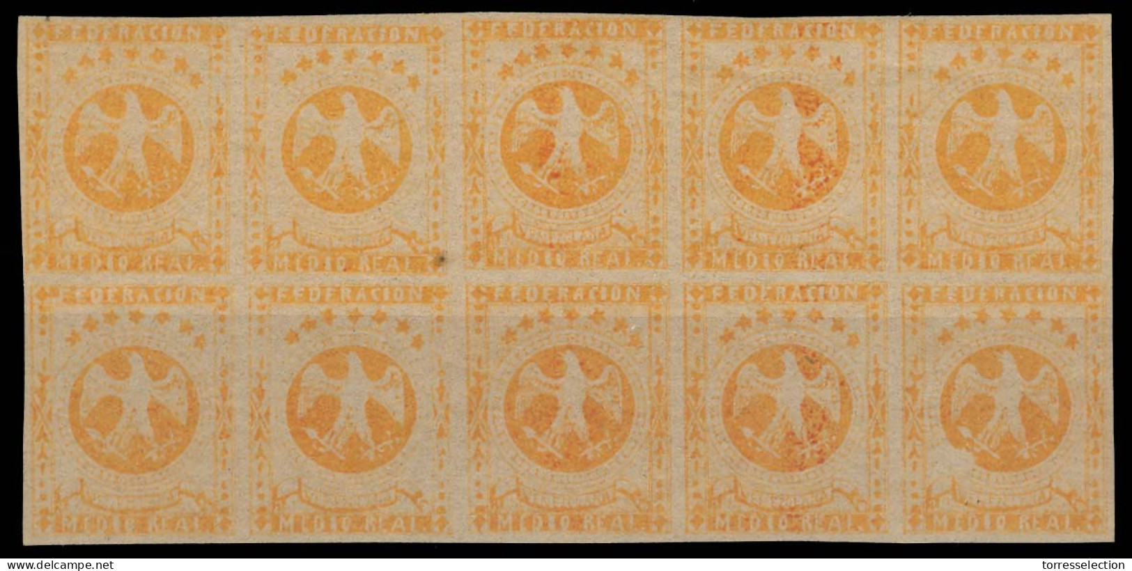 VENEZUELA. 1863 - 5. 1/2r Orange, Mint O.g. Block Of 10, Good Margins All Around. (Yv 10* X10). VF. - Venezuela