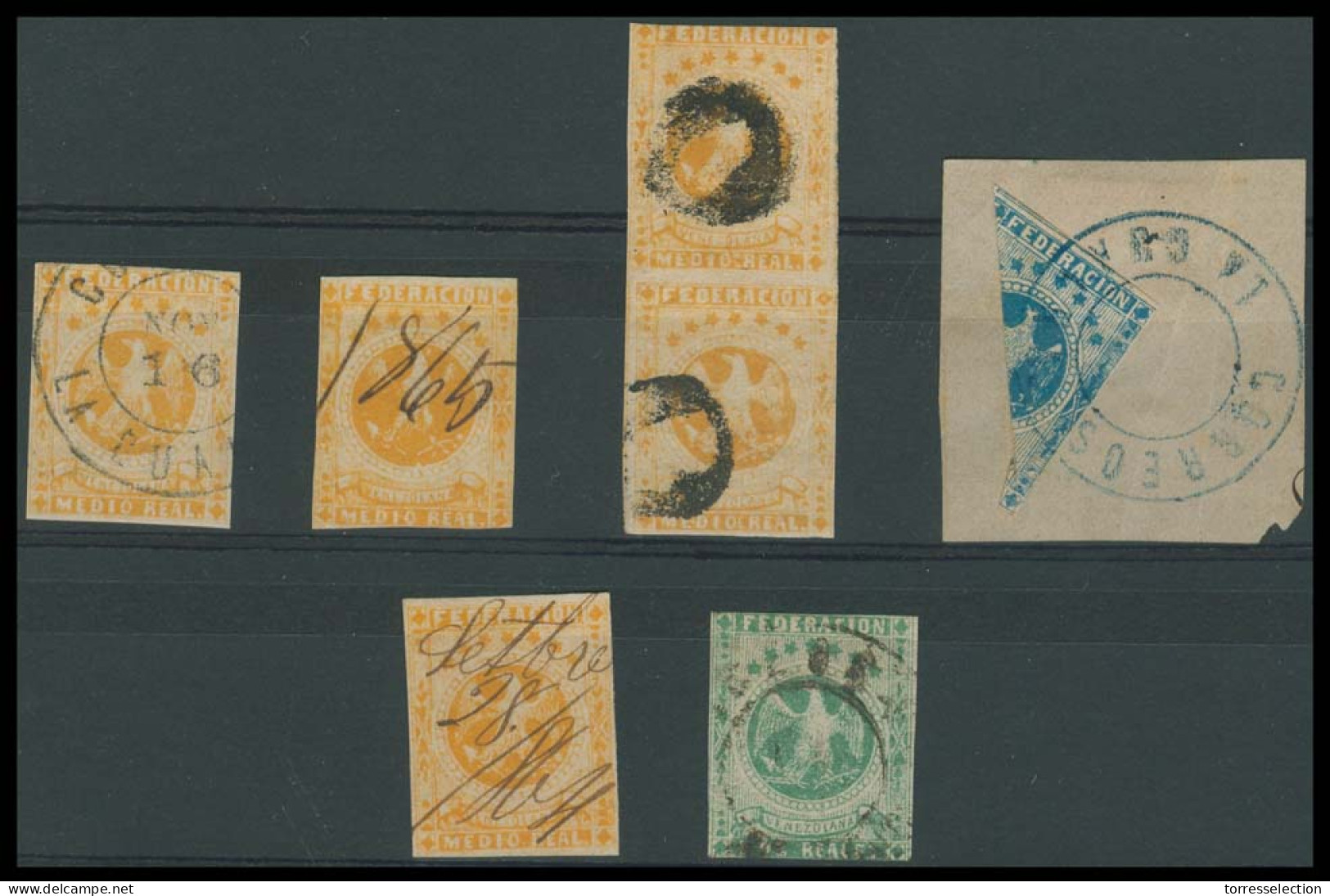 VENEZUELA. 1863 - 5. 1/2r. (x5, Incl A Vert Pair) 1r Bisect On Piece, 2n. Yv10 (x5), 11, 12. Cat 2005 90+ Euros. - Venezuela