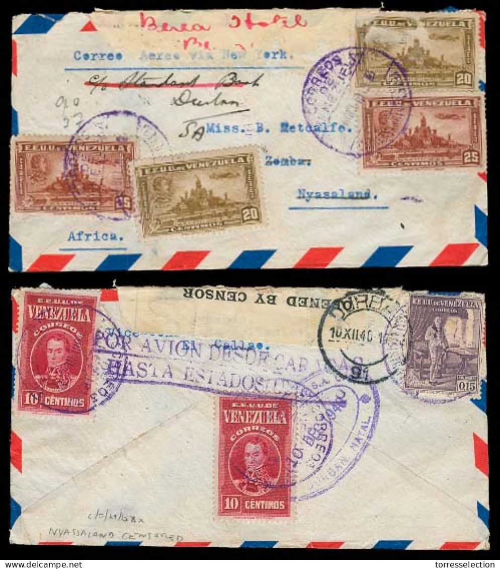 VENEZUELA. 1940. Callao / PERU - Caracas - NYASSALAND - SOUTH AFRICA - PORTUGUESE MOZAMBIQUE. Superb Multi Cont Air Fwde - Venezuela