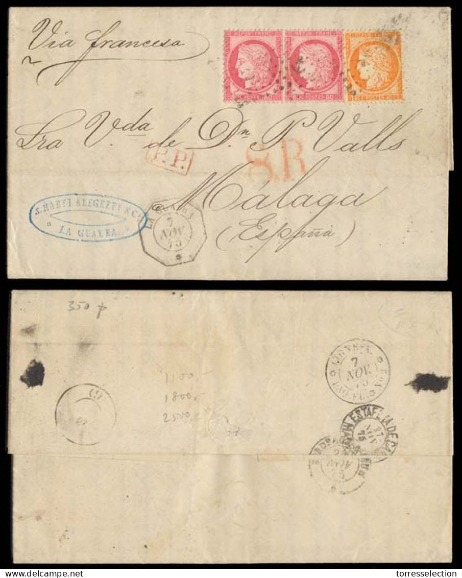 VENEZUELA. 1875 (5 Nov). La Guayra - Spain / Malaga. EL Fkd France 40c + 80c (x2) Anchor Romboid Doble Letter Rate Via F - Venezuela