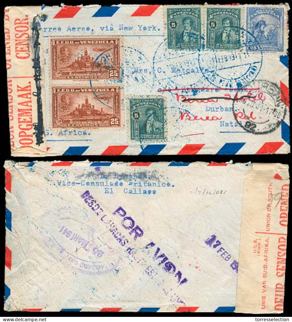 VENEZUELA. 1941 (14 Feb). BC / El Callao Multifkd Air Censored Env To South Africa, Fwded To Beira / Portuguese Africa.  - Venezuela