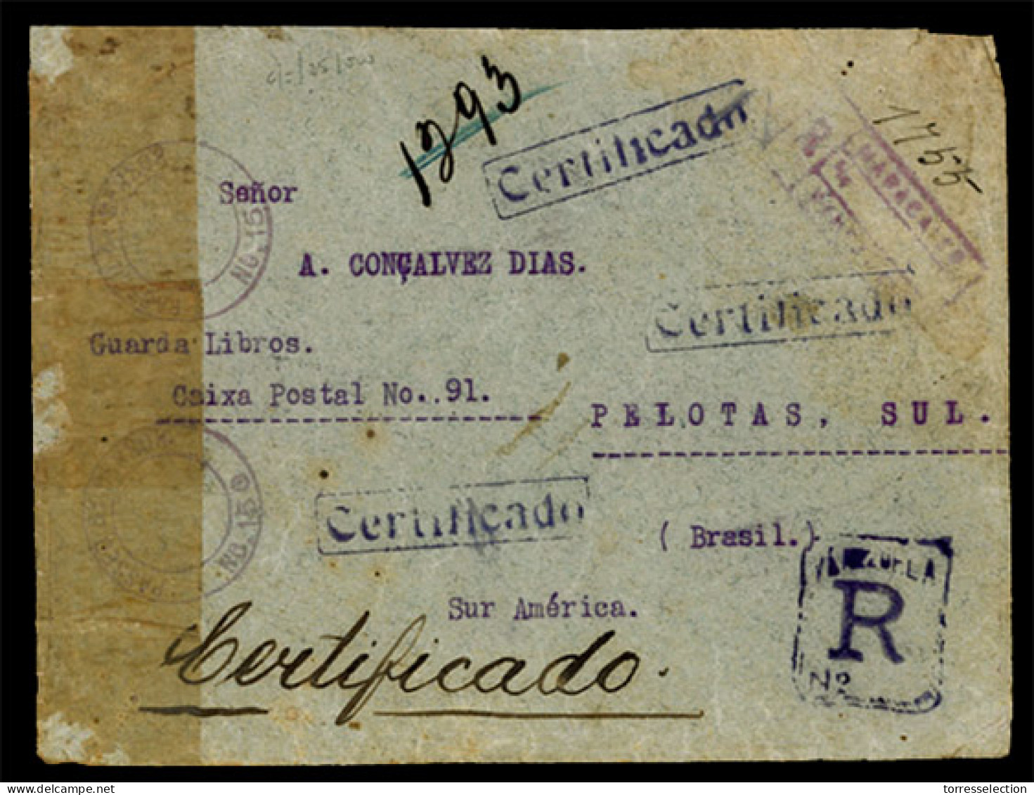 VENEZUELA. 1918. Registered Cover From Maracaibo To Pelotas, BRAZIL Via New York Franked On Reverse With 4x25c Blue All  - Venezuela