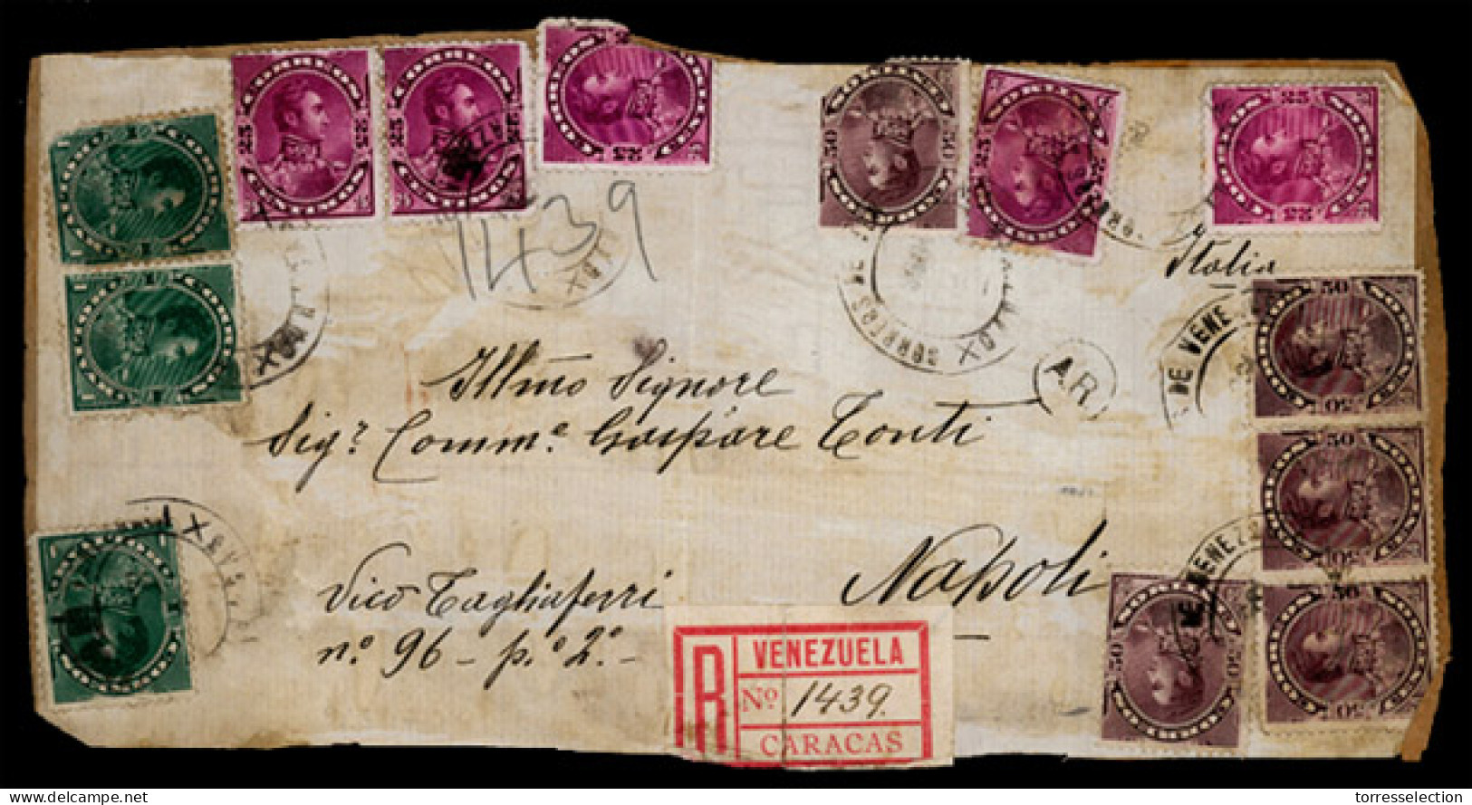 VENEZUELA. VENEZUELA. 1894c. Registered-AR Front Of Cover To Naples With Caracas Registered Label And Franked By 1893 5x - Venezuela