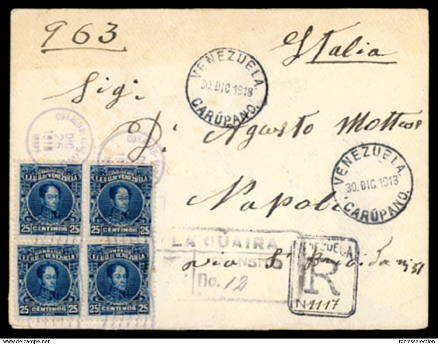 VENEZUELA. 1918(Dec 30th). Registered Cover To Naples Franked By Four 1915 25c Deep Blue Tied By La Guaira Duplexes, Two - Venezuela