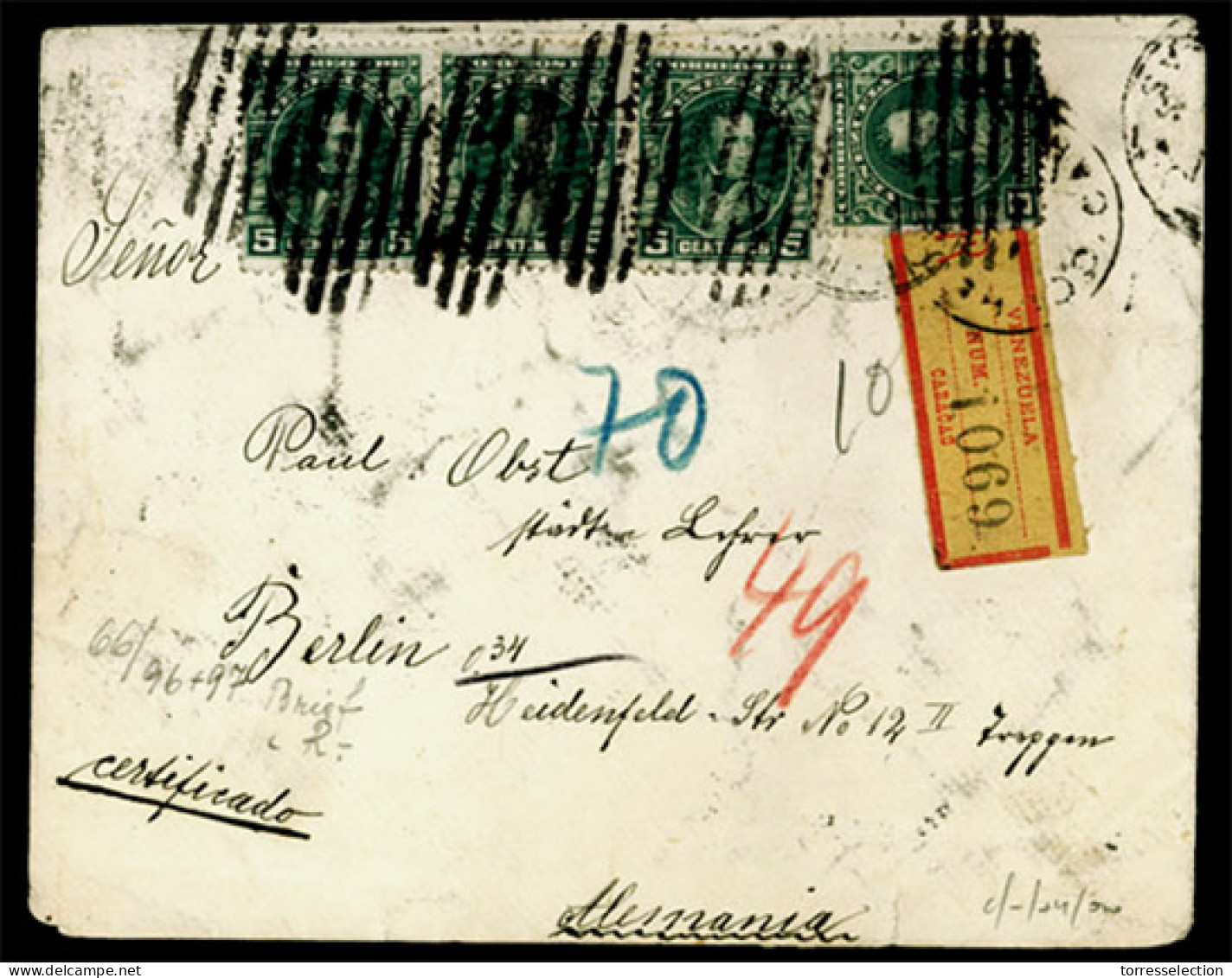 VENEZUELA. VENEZUELA. 1905, March. Registered Cover To Germany Bearing On Front And Back 1904 5c Green (19 Examples) And - Venezuela