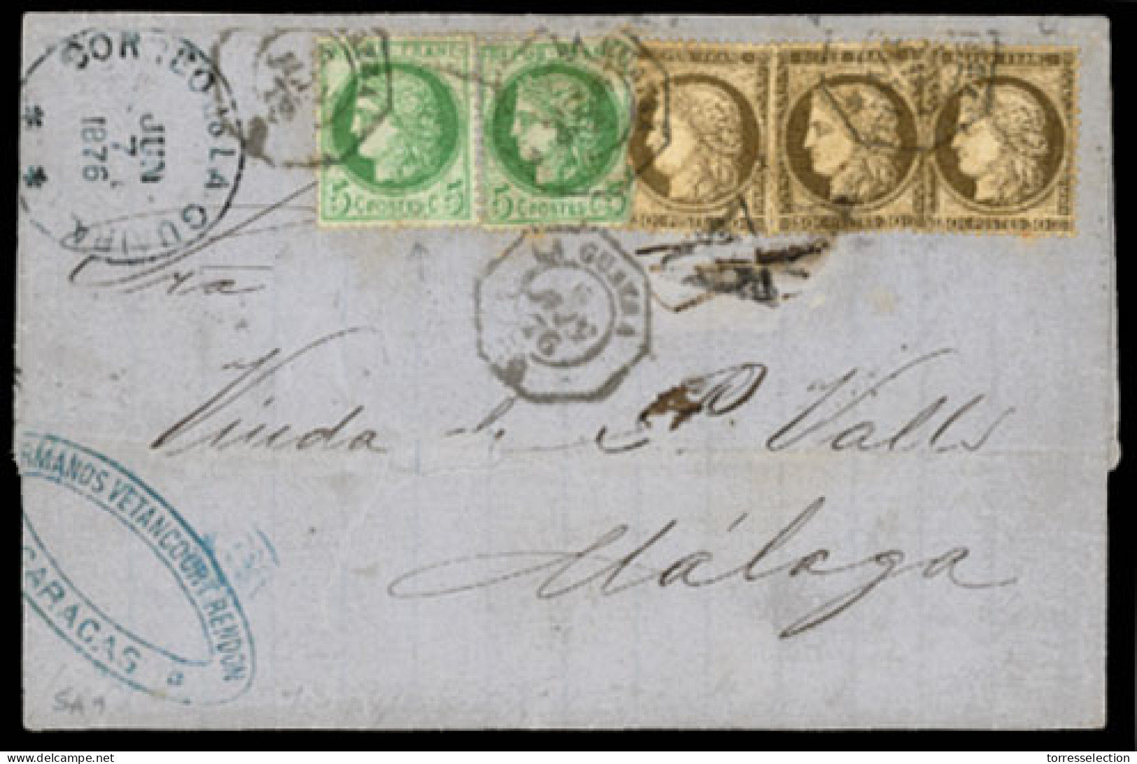 VENEZUELA. VENEZUELA. 1876(June 7th). Cover From Caracas To Malaga, Spain Franked By France 1873 2x5c Green And Strip Of - Venezuela