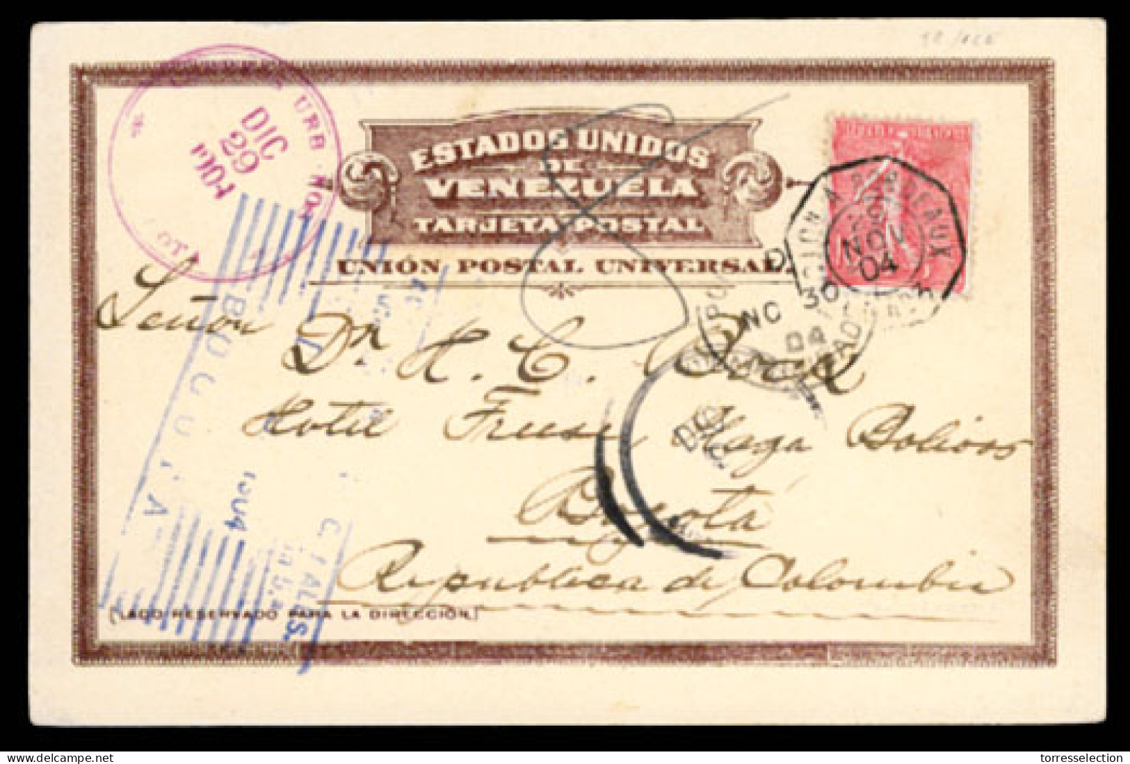 VENEZUELA. 1904(Nov 29th). UPU Formula Card (illustrated Back With Street In Caracas) Used To Bogota, Colombia With Fran - Venezuela