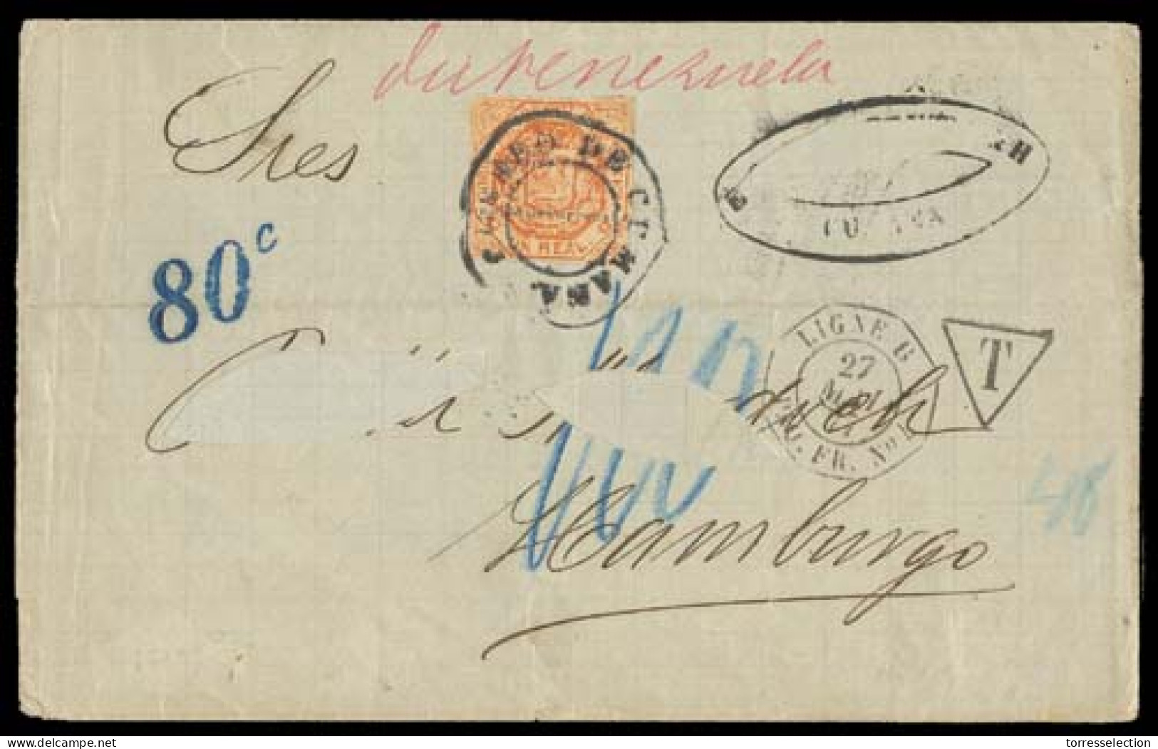 VENEZUELA. 1877 (21 March) VENEZUELA - GERMANY. Cumana To Germany Via French Martinique Octagonal Paquebot Ligne B / Nº4 - Venezuela