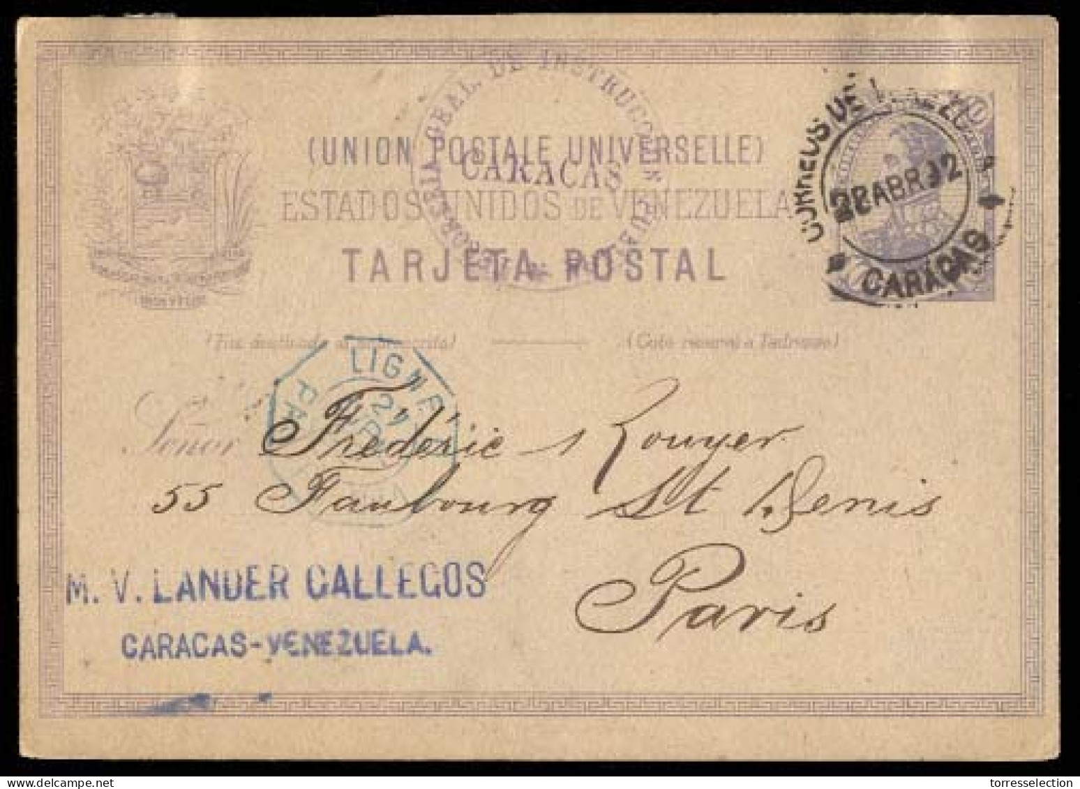 VENEZUELA. 1892. Caracas To France. 10cts Lilac Stationery Card With Blue French Octagonal. Beauty. Scarce Usage. XF. - Venezuela