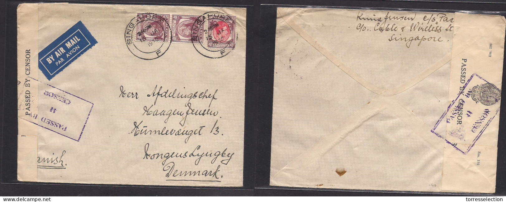 STRAITS SETTLEMENTS SINGAPORE. 1940 (15 Jan) Sing - Denmark, Kongens, Lyngby. Air Multifkd Env + Censor Label + Cachet + - Singapore (1959-...)