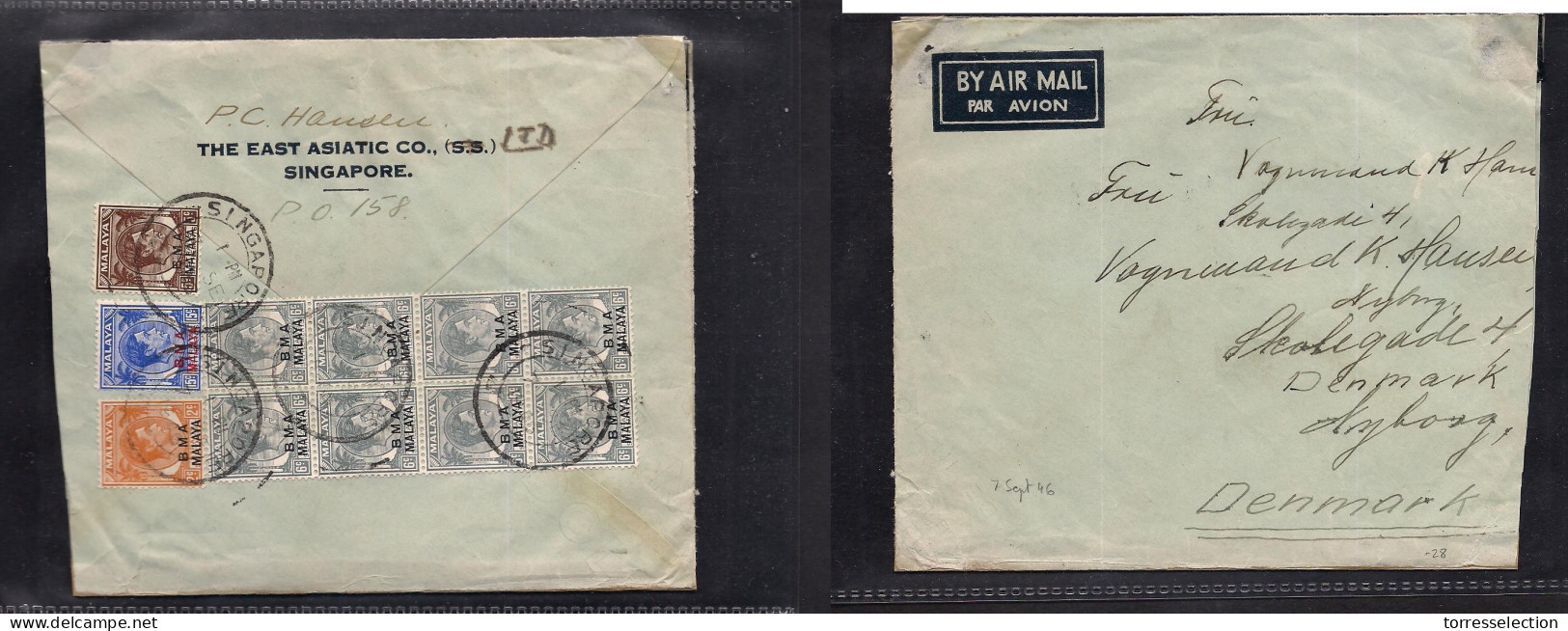 STRAITS SETTLEMENTS SINGAPORE. 1946 (7 Sept) BMA. Sing - Denmark, Nyborg. Air Reverse Multifkd Env. Fine. - Singapore (1959-...)