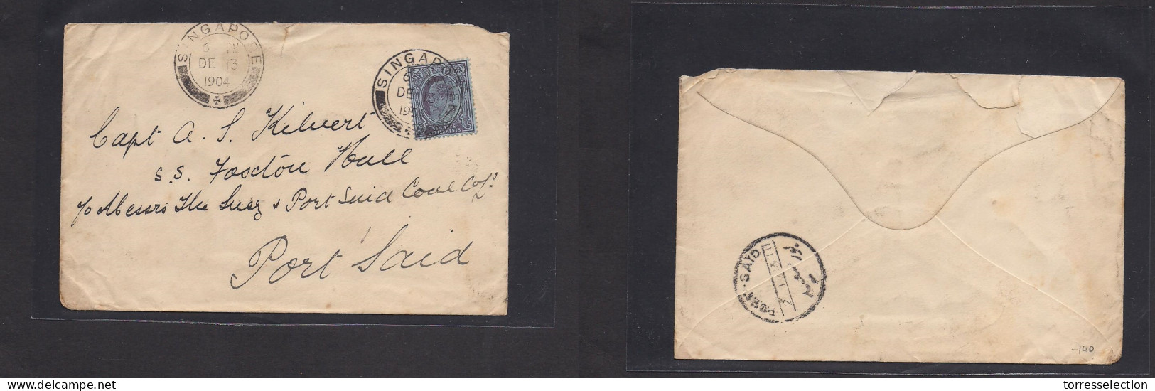 STRAITS SETTLEMENTS SINGAPORE. 1904 (Dec 13) Sing - Port Said, Egypt (2 Jan 1905) Single 8c Lilac / Blue Fkd Env, Tied C - Singapore (1959-...)