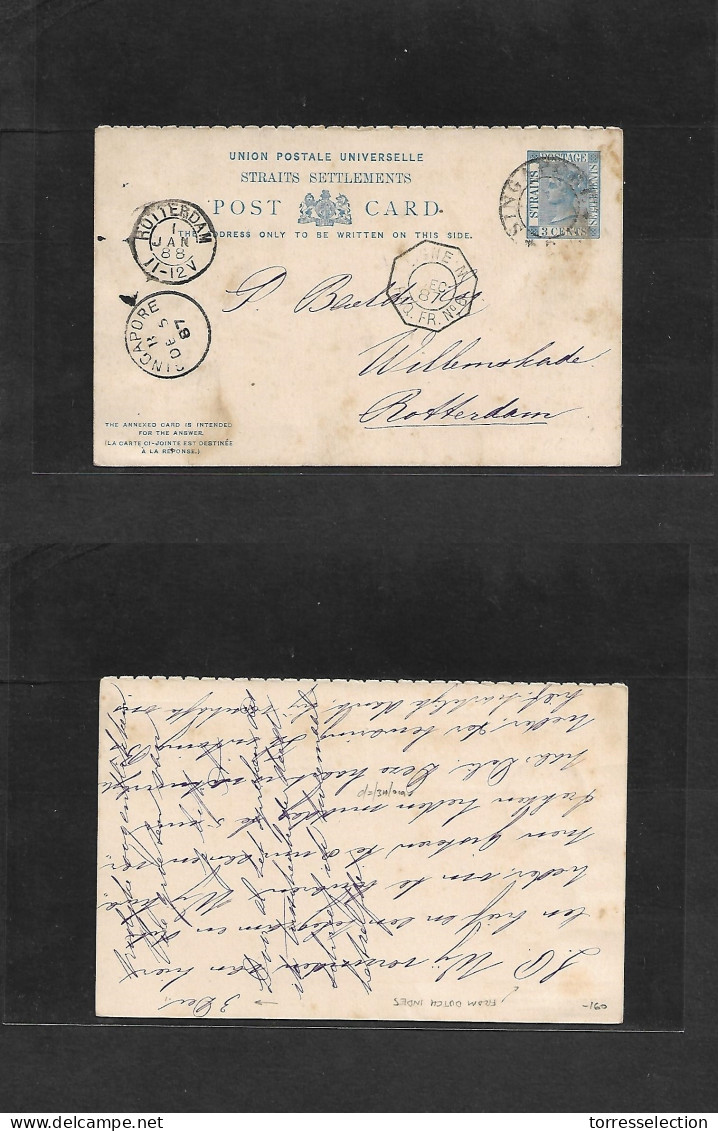 STRAITS SETTLEMENTS SINGAPORE. 1887 (3 Dec) St. St. 3c Blue Stat Card Used In DUTCH INDES. Routed Via Singapore (5 Dec)  - Singapore (1959-...)