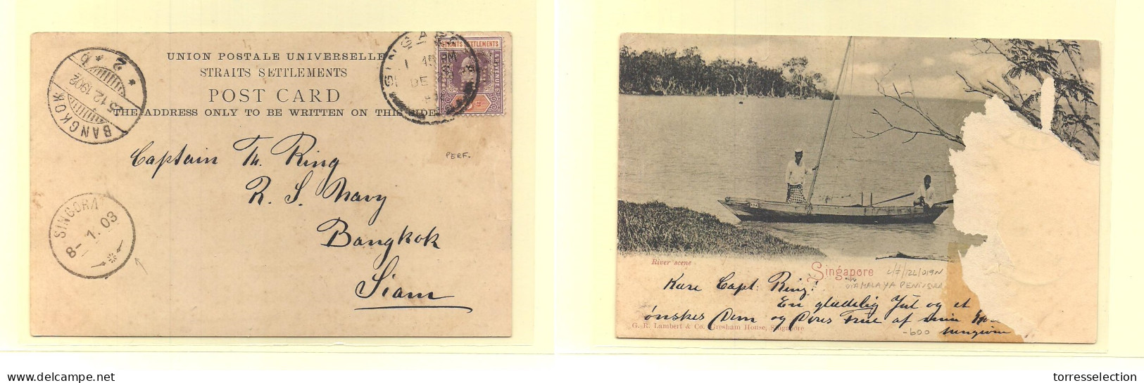 STRAITS SETTLEMENTS SINGAPORE. 1902 (Dec 20) Singapore - Siam, Bangkok (25 Dec) - And SINGORA (8 Jan) At Malaya - Thai P - Singapore (1959-...)