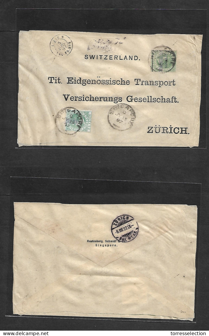 STRAITS SETTLEMENTS SINGAPORE. 1897 (13 July) Singapore - Zürich, Switzerland (6 Aug) Multifkd Envelope, Violet Cachet C - Singapore (1959-...)