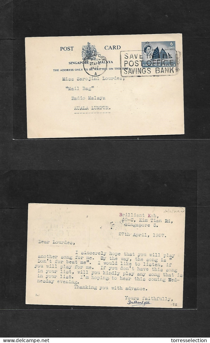 STRAITS SETTLEMENTS SINGAPORE. 1957 (27 April) Singapore - Kuala Lumpur. 6r Blue QEII. Junk Stat Card. Period Of Sing +  - Singapore (1959-...)