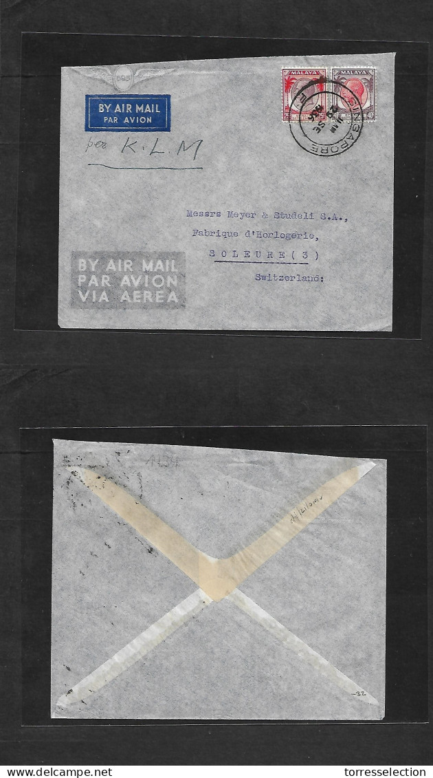 STRAITS SETTLEMENTS SINGAPORE. 1936 (29 Sept) Singapore - Switzerland, Goleure. Air KLM Fkd Envelope At 65c Rate. - Singapore (1959-...)