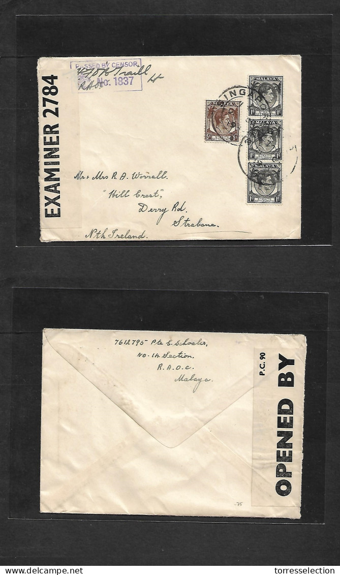 STRAITS SETTLEMENTS SINGAPORE. 1940 (21 Oct) Singapore - North Ireland, Strabane. Multifkd Env At 8c Rate. Military RAOC - Singapur (1959-...)