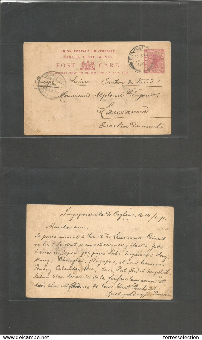 STRAITS SETTLEMENTS SINGAPORE. 1901 (Jan 28) Singapore, Ile De Ceylon - Switzerland, Lausanne (21 Febr) C Red Stat Card. - Singapore (1959-...)