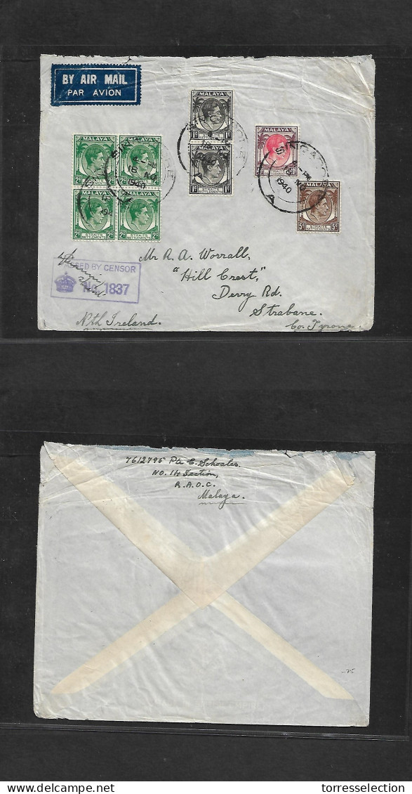 STRAITS SETTLEMENTS SINGAPORE. 1940 (18 Nov) Sing - North Ireland, Strabane, Tyrme. Air Censored Multifkd Env Incl 2c Bl - Singapore (1959-...)