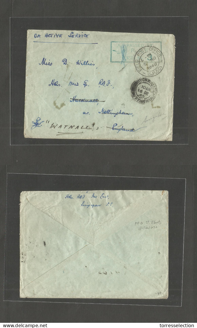 STRAITS SETTLEMENTS SINGAPORE. 1940 (5 Nov) FPO. 501 Singapore OAS Env To UK, Nuckwall, Nottingham. Fine. - Singapore (1959-...)