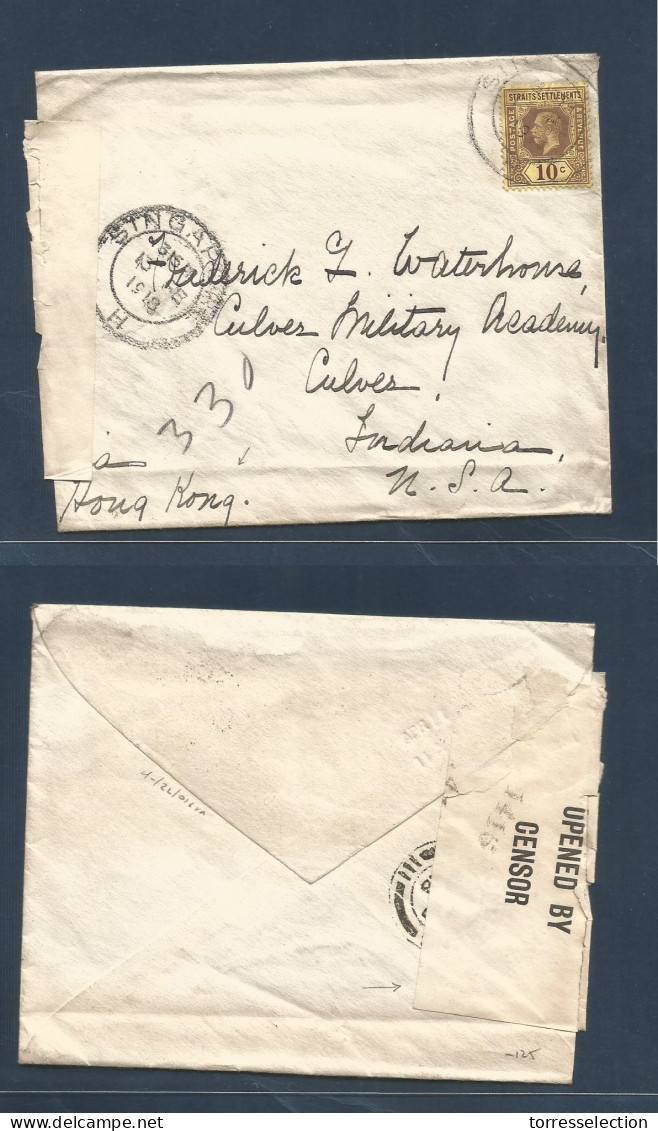 STRAITS SETTLEMENTS SINGAPORE. 1918 (13 Febr) Singapore - USA, Silver Indian Single Fkd WWI Censor Label. Via Hong Kong. - Singapur (1959-...)