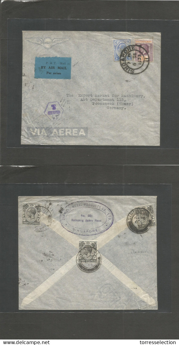 STRAITS SETTLEMENTS SINGAPORE. 1933 (6 Sept) Singapore - Germany, Poessneck. Air Multifkd Envelope Front + Reverse + Mix - Singapore (1959-...)