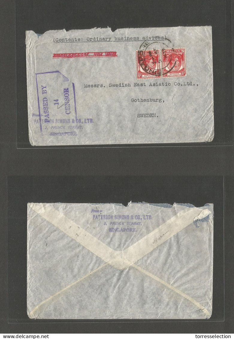 STRAITS SETTLEMENTS SINGAPORE. 1939 (5 Sept) Singapore - Sweden, Gotheburg. Fkd Censored Envelope. Fine. - Singapur (1959-...)