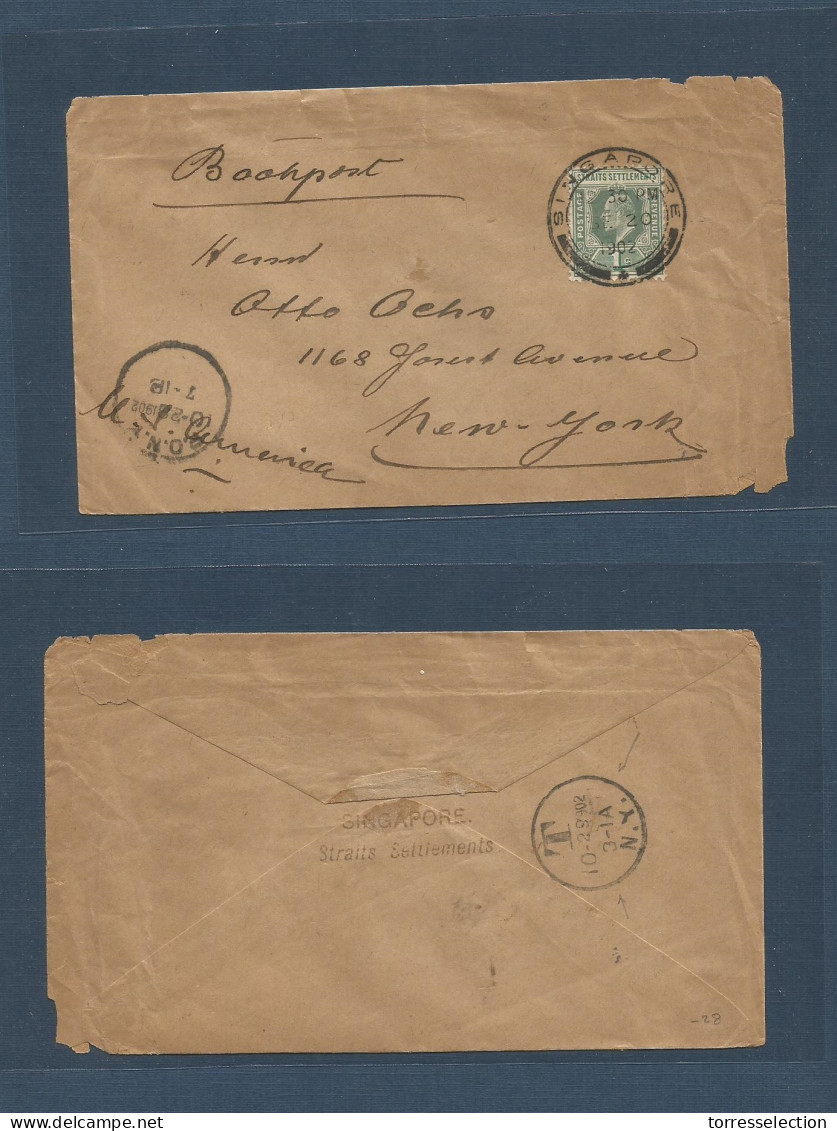 STRAITS SETTLEMENTS SINGAPORE. 1902 (20 Sept) Singapore - USA, NYC (28 Oct 1902) Book Post Rate Unsealed 1c Fkd Env, Tie - Singapore (1959-...)