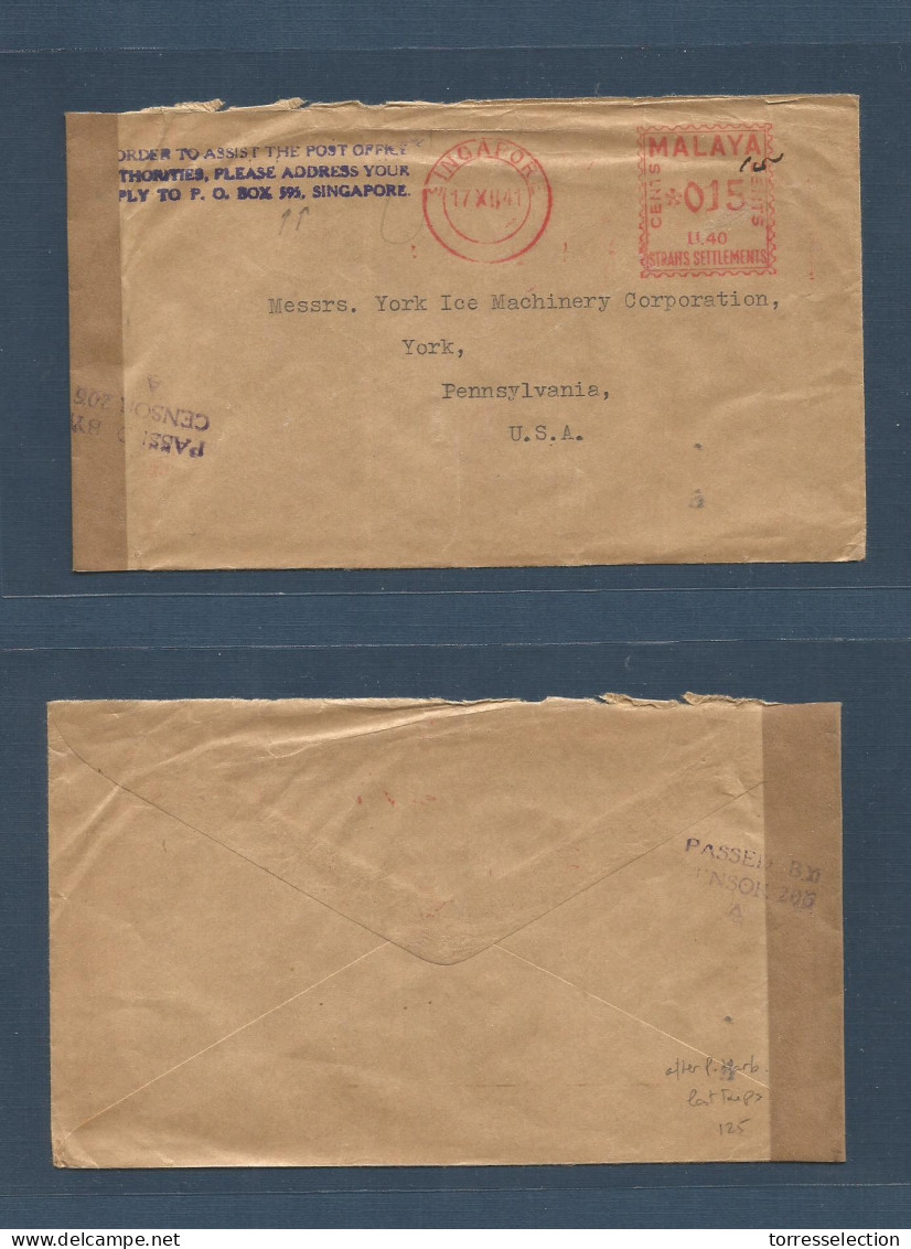 STRAITS SETTLEMENTS SINGAPORE. 1941 (17 Dec) Sng - USA, Pa, York. Machine Fkd Envelope + Depart Censored + Special Viole - Singapore (1959-...)