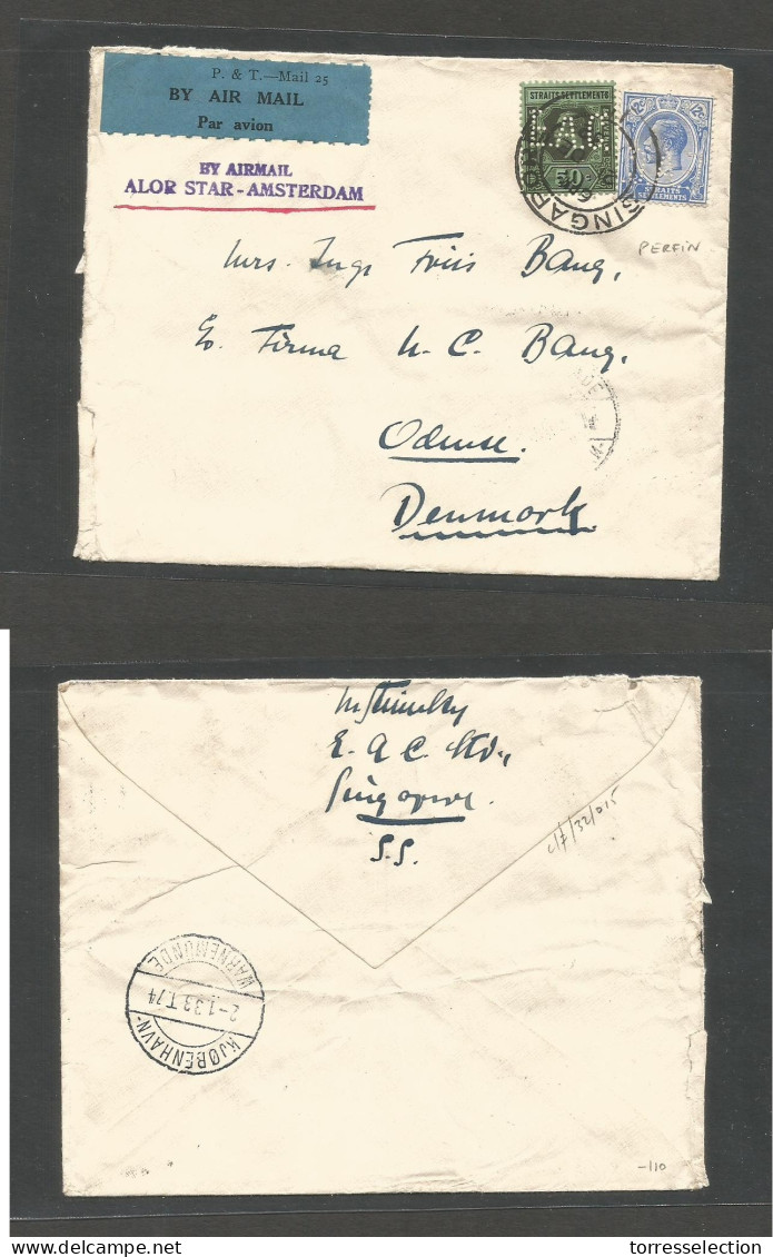 STRAITS SETTLEMENTS SINGAPORE. 1932 (21 Dec) Sing - Denmark, Odense (2 Jan 33) Fkd Airmail Env; Comercial PERFIN E.A.G,  - Singapore (1959-...)