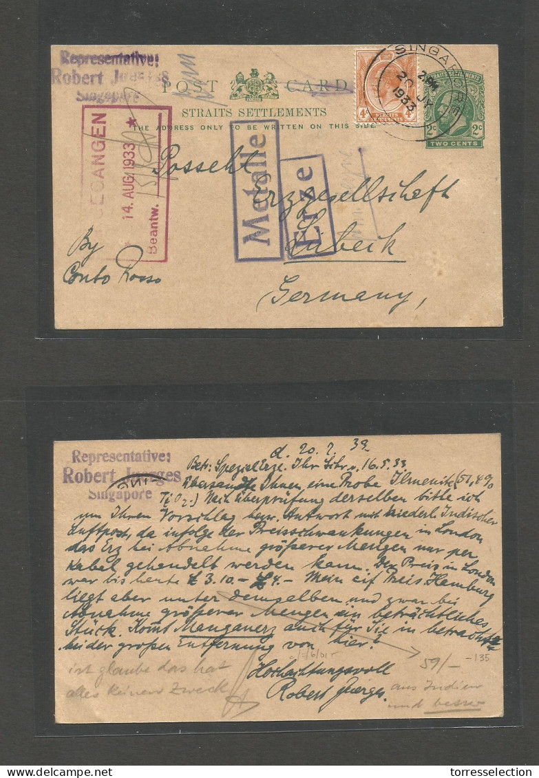 STRAITS SETTLEMENTS SINGAPORE. 1933 (20 July) Sing - Germany, Lübeck (14 Aug) 2c Green KG V Stationary Card + 4c Adtl, W - Singapore (1959-...)