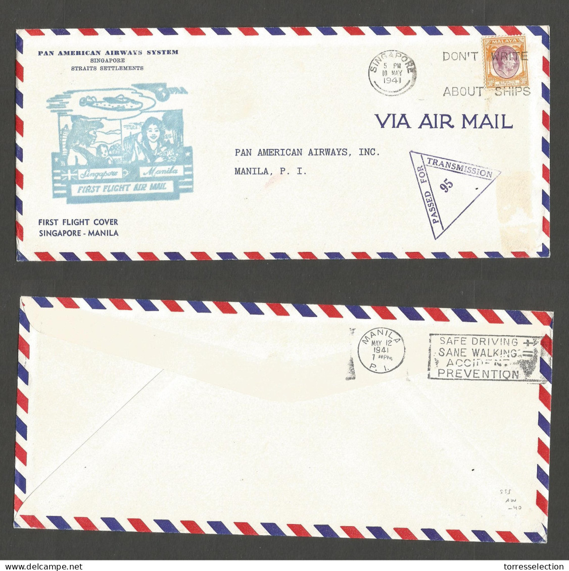 STRAITS SETTLEMENTS SINGAPORE. 1941 (10 May) Singapore - Philippines. First Flight. Special Cachet + Depart WWII Censore - Singapur (1959-...)