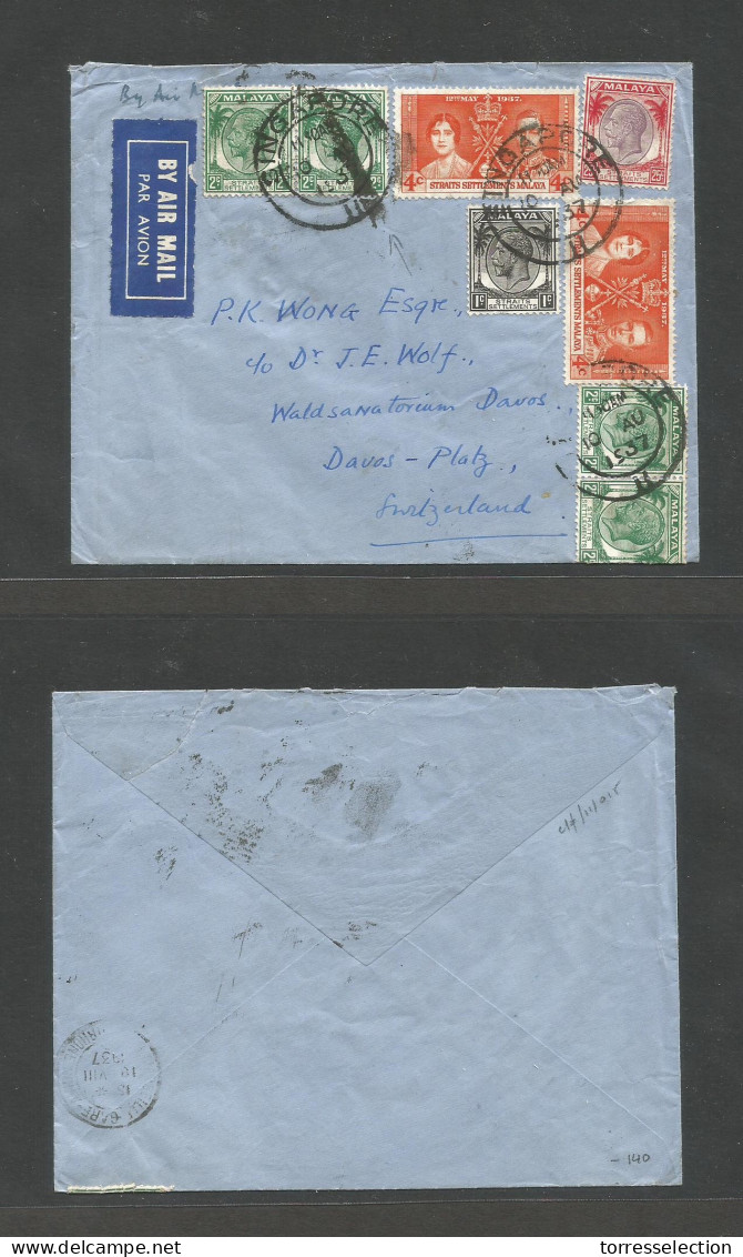 STRAITS SETTLEMENTS SINGAPORE. 1937 (10 Aug) Sing - Switzerland, Davos. Via Marseille (18 Aug) Air Multifkd Inc 1937 Cor - Singapore (1959-...)