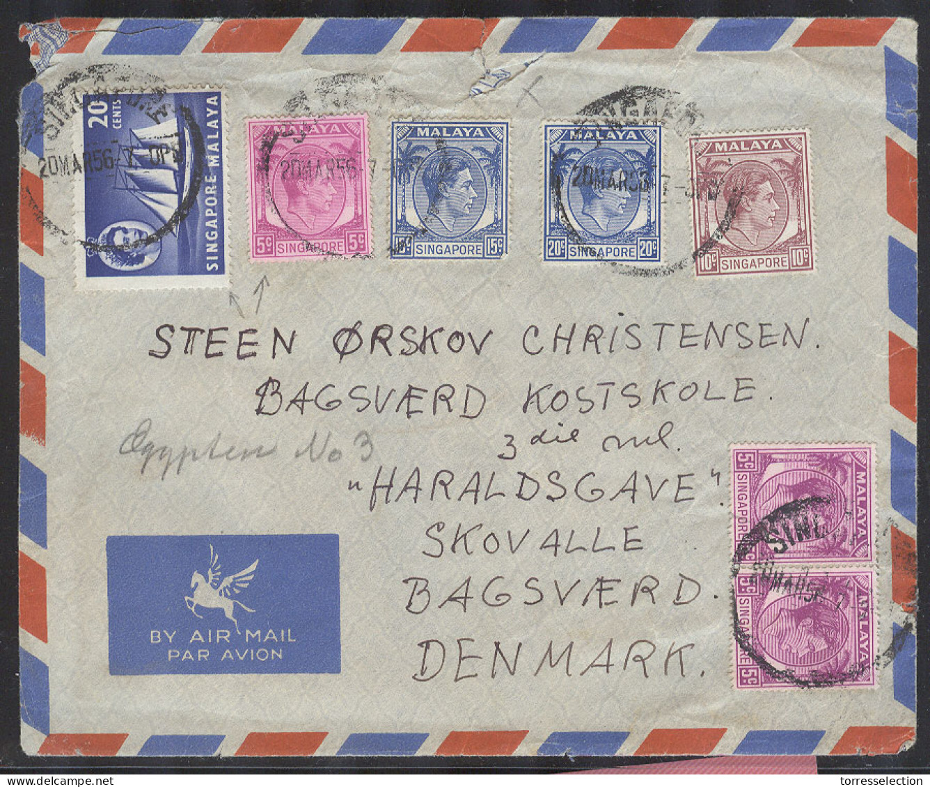 STRAITS SETTLEMENTS SINGAPORE. 1956 (20 March). Singapore- Denmark, Bagsvaerd. Air Multifkd Mixed King Issues Comercial  - Singapore (1959-...)