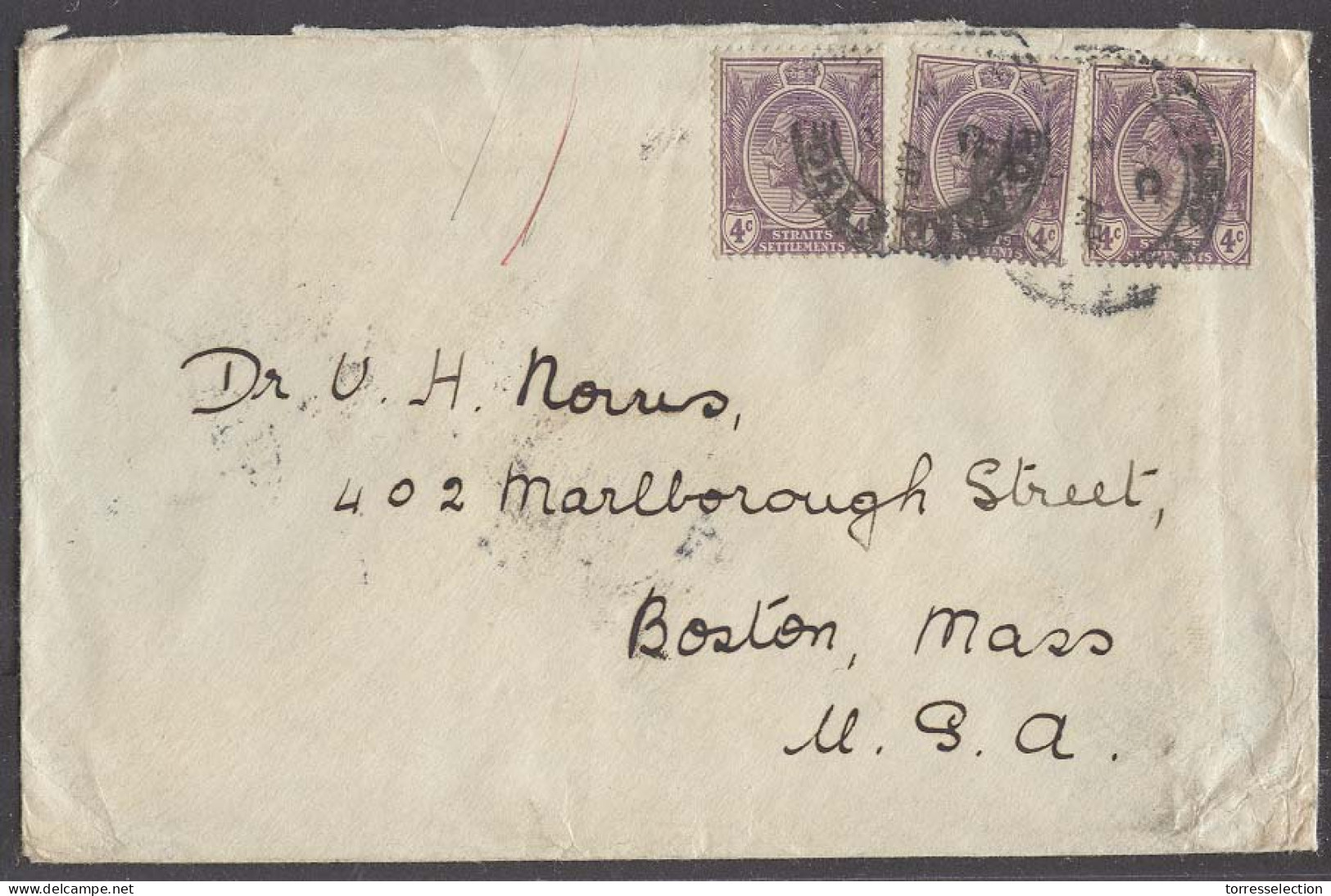 STRAITS SETTLEMENTS SINGAPORE. 1926 (3 April). St Road - USA. Via GP. Fkd Env 12c. Fine. - Singapore (1959-...)