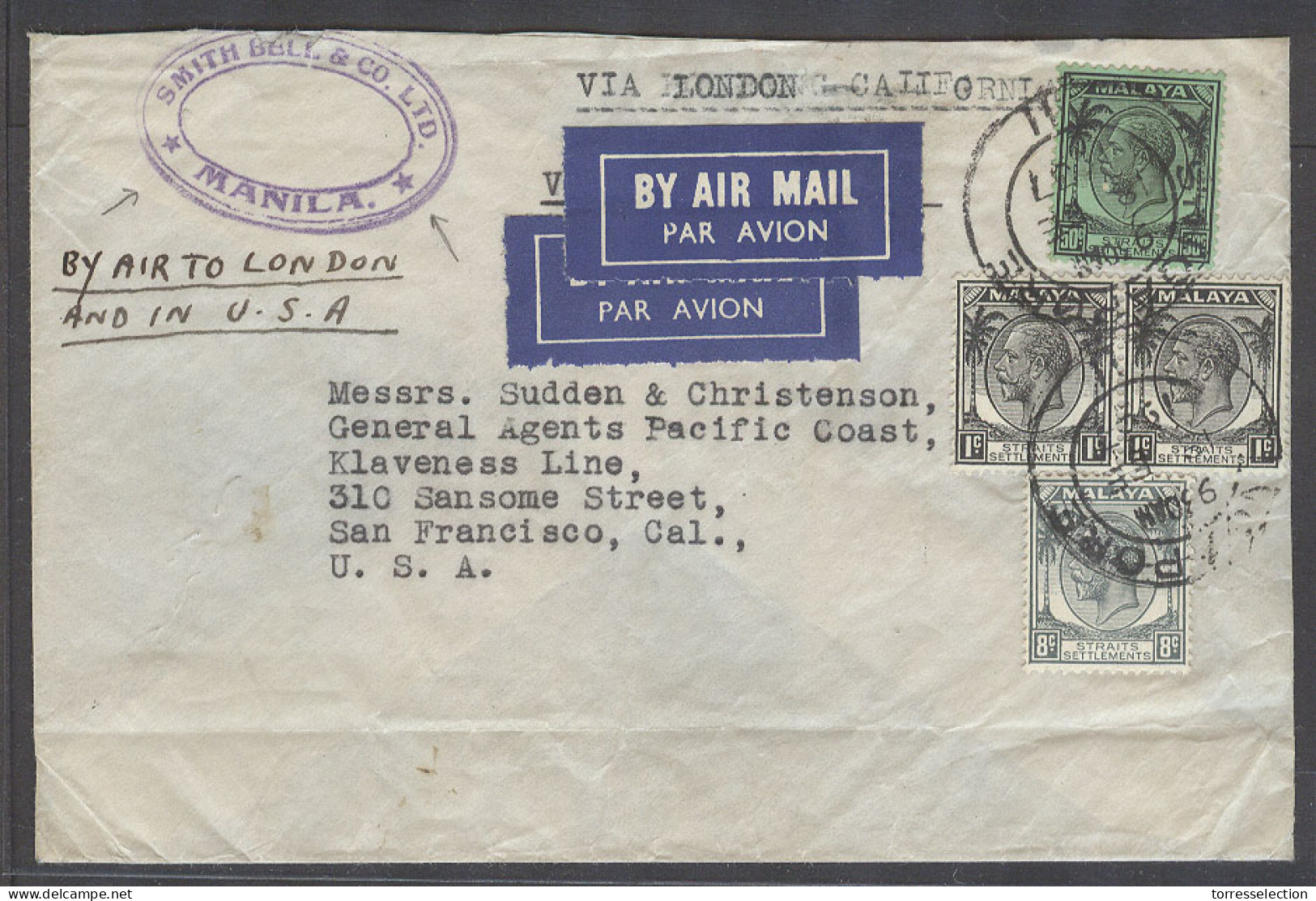 STRAITS SETTLEMENTS SINGAPORE. 1937 (18 Feb). Manila, Philippines - Singapore - USA, CA. Air Multifkd Via London Doble A - Singapore (1959-...)