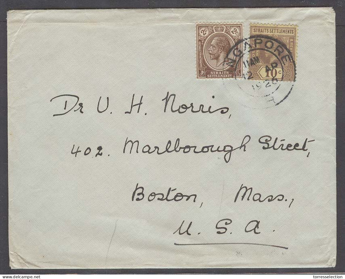 STRAITS SETTLEMENTS SINGAPORE. 1926 (12 April). Sing - USA Boston. Fkd Env Missues Cds. Fin 12c Rate. - Singapore (1959-...)