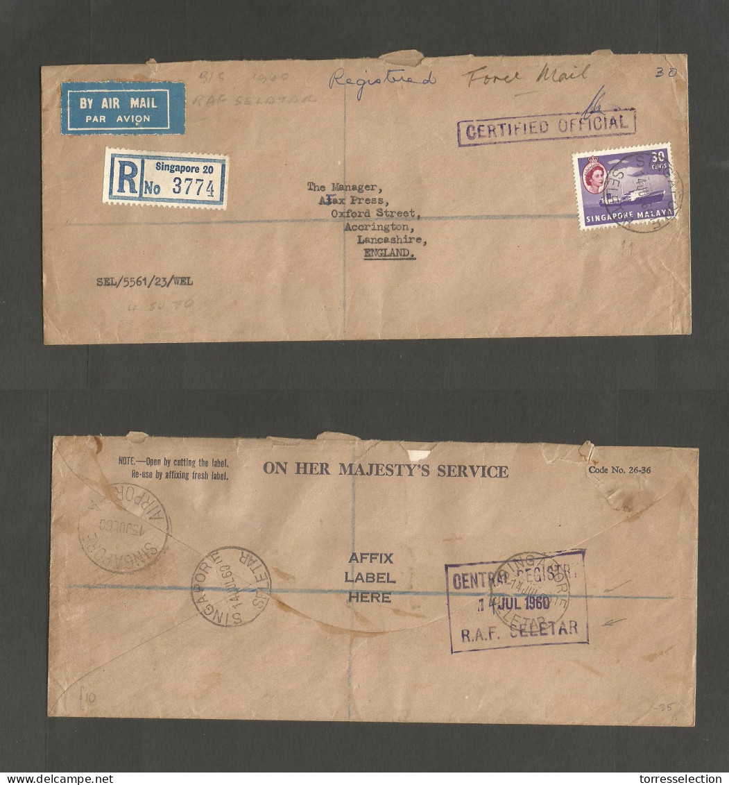 STRAITS SETTLEMENTS SINGAPORE. 1960 (14 June) Singapore Seletar - UK. Air Registered Fkd Envelope. Air Forces Mail Inclu - Singapore (1959-...)