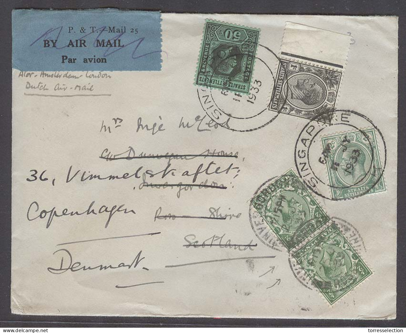 STRAITS SETTLEMENTS SINGAPORE. 1933 (11 July). Singapore - UK. Scotland Fwded To Denmark. Air Fkd Mixxed Issues Env GB 1 - Singapore (1959-...)