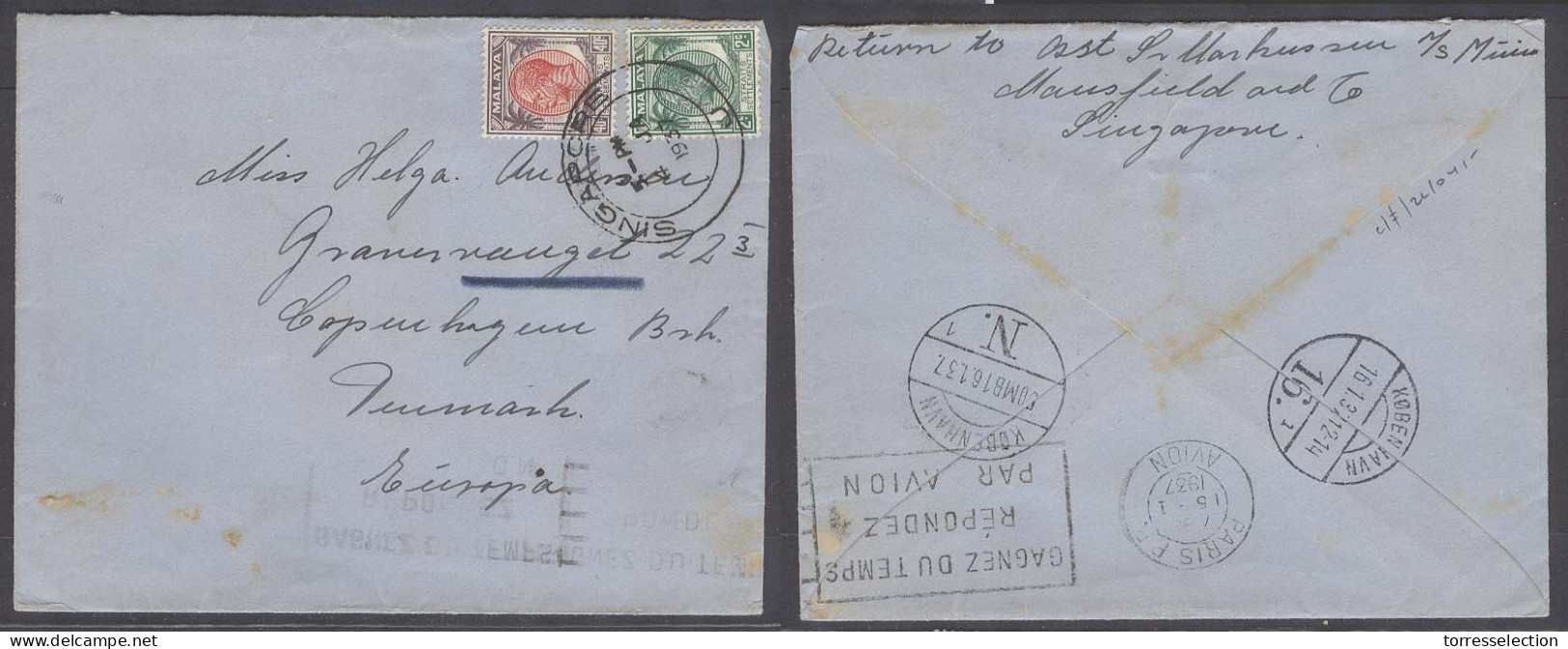 STRAITS SETTLEMENTS SINGAPORE. 1937 (4 Jan). Singapore / J - Denmark (16 Jan). Rate 42c Fkd Env Via Air France, Paris (1 - Singapore (1959-...)