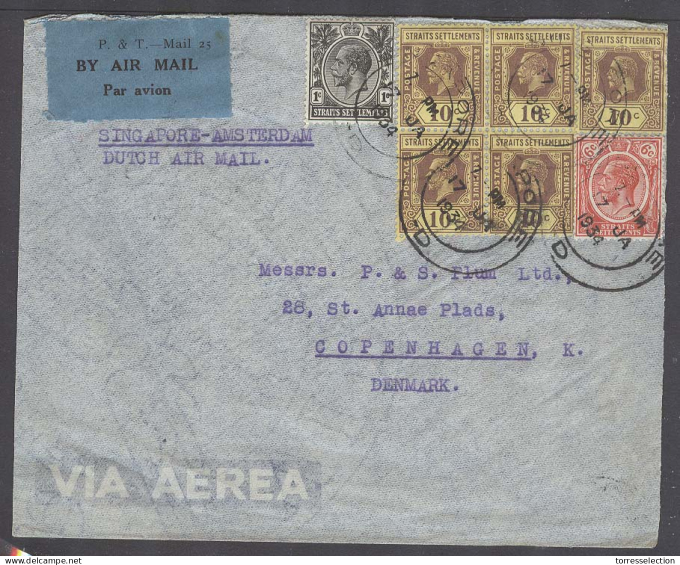 STRAITS SETTLEMENTS SINGAPORE. 1934 (17 Jan). Singapore / D - Denmark (28 Jan). Air Multifkd Mixed Issues Env. Fine 57c  - Singapore (1959-...)