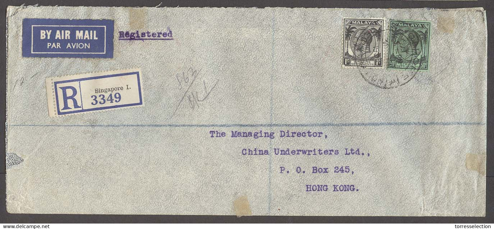 STRAITS SETTLEMENTS SINGAPORE. 1937 (31 Dec). Sing I - HK (4 Jan 38). Reg Air Fkd Env 51c Rate. Scarce Link. - Singapore (1959-...)